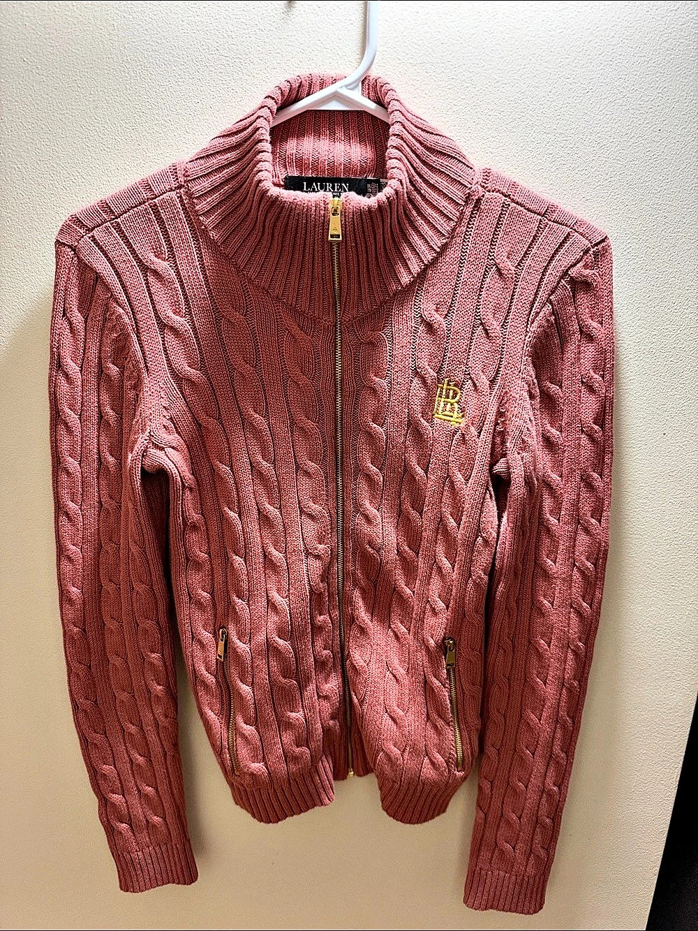 Lauren Ralph Lauren Cable-Knit Full-Zip Mockneck Sweater Pink XXS
